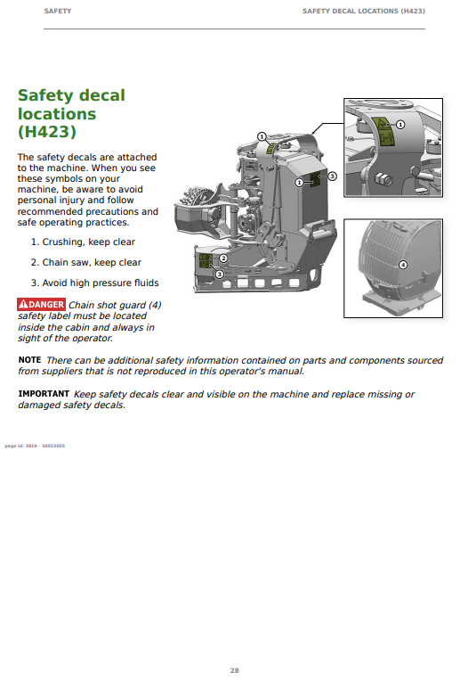 JOHN DEERE H423 HARVESTER HEAD OPERATOR INSTRUCTION MANUAL F722938