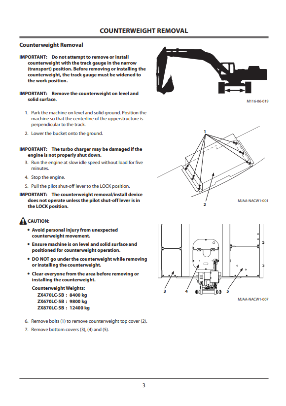HITACHI ZAXIS 470LC-5B, 670LC-5B, 870LC-5B HYDRAULIC EXCAVATOR COUNTERWEIGHT REMOVAL OPERATOR MANUAL ENMJAANACW11
