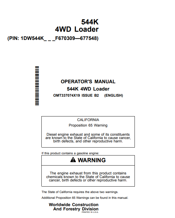 JOHN DEERE 544K 4WD LOADER OPERATOR MANUAL OMT337074X19