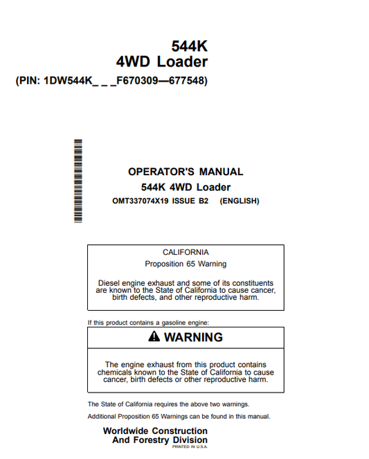 JOHN DEERE 544K 4WD LOADER OPERATOR MANUAL OMT337074X19
