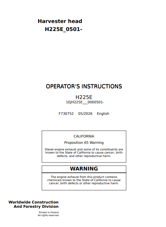 JOHN DEERE H225E HARVESTER HEAD OPERATOR INSTRUCTION MANUAL F730752