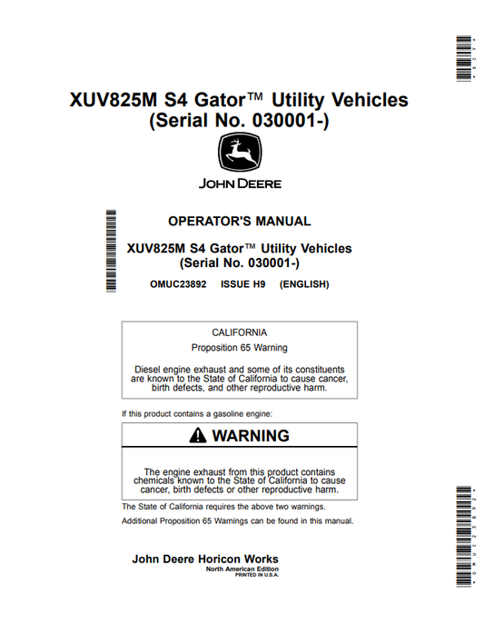 JOHN DEERE XUV825M S4 GATOR™ UTILITY VEHICLES OPERATOR MANUAL OMUC23892