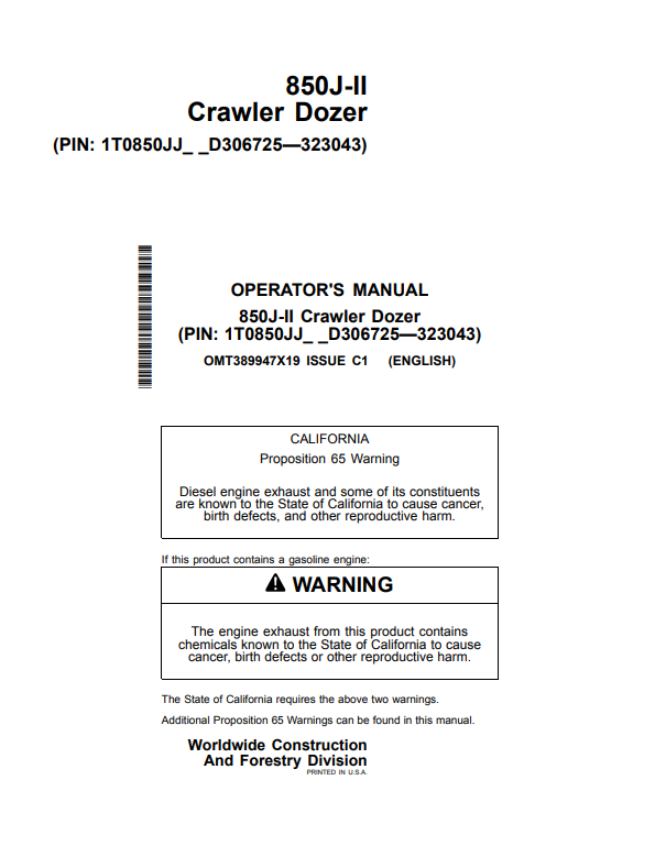 JOHN DEERE 850J-II CRAWLER DOZER OPERATOR MANUAL OMT389947X19