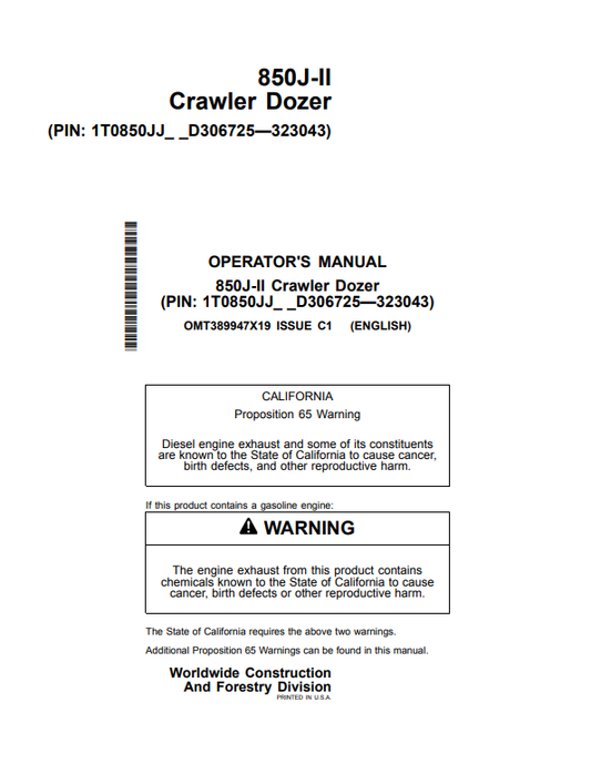 JOHN DEERE 850J-II CRAWLER DOZER OPERATOR MANUAL OMT389947X19
