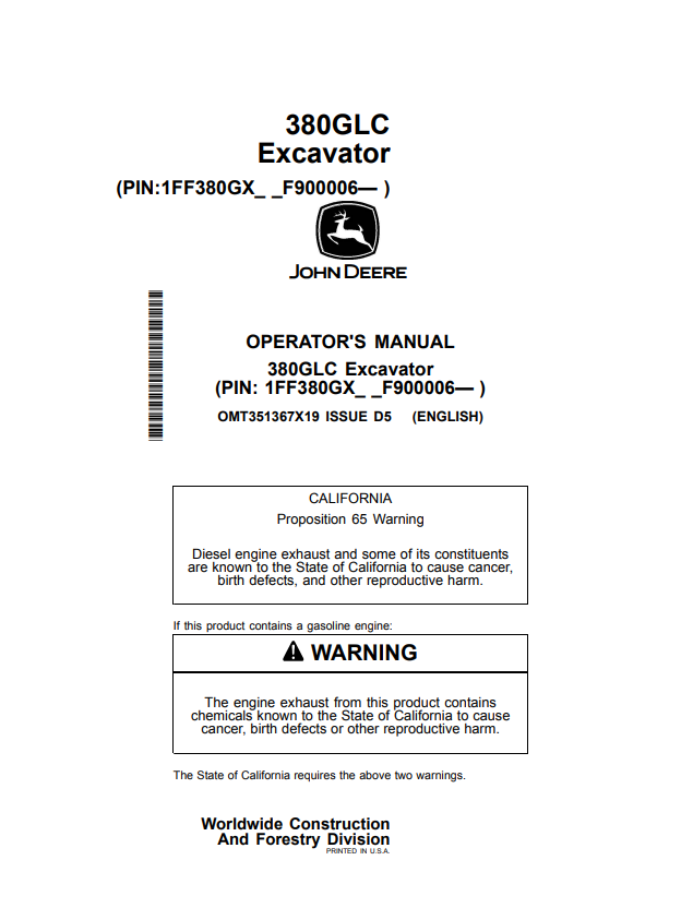 JOHN DEERE 380GLC EXCAVATOR OPERATOR MANUAL OMT351367X19