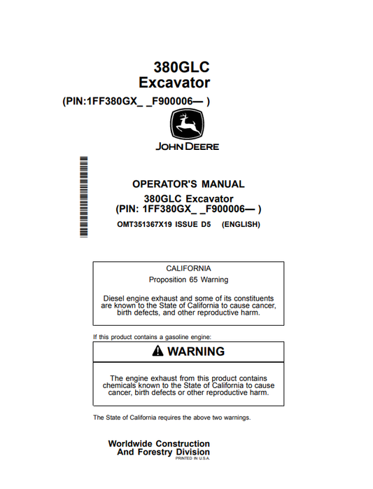 JOHN DEERE 380GLC EXCAVATOR OPERATOR MANUAL OMT351367X19