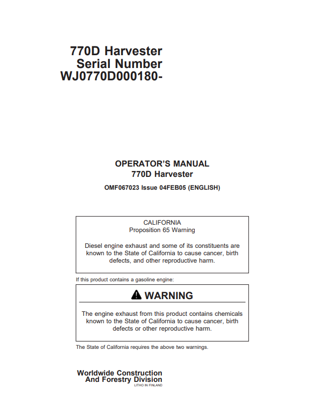 JOHN DEERE 770D HARVESTER OPERATOR MANUAL OMF067023