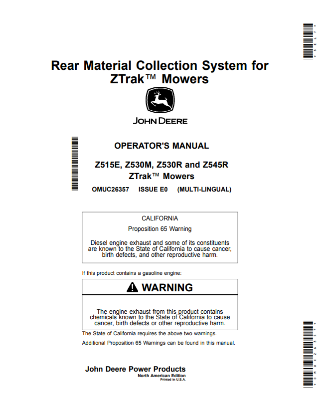 JOHN DEERE Z515E, Z530M, Z530R AND Z545R ZTRAK™ REAR MATERIAL COLLECTION SYSTEM FOR ZTRAK™ MOWER OPERATOR MANUAL OMUC26357
