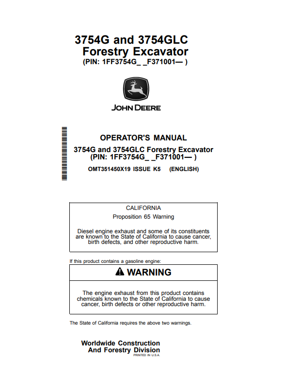 JOHN DEERE 3754G AND 3754GLC FORESTRY EXCAVATOR OPERATOR MANUAL OMT351450X19