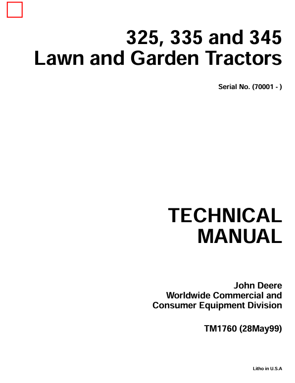 JOHN DEERE 325, 335 AND 345 LAWN AND GARDEN TRACTOR TECHNICAL MANUAL TM1760