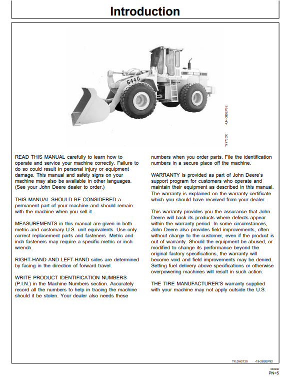 JOHN DEERE 544G, 544G LL, & 544G TC, 624G, 644G LOADER OPERATOR MANUAL OMT154907L4