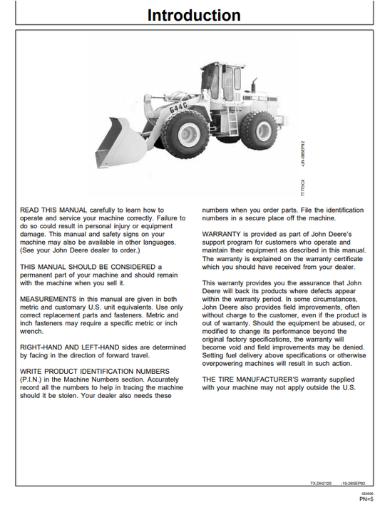 JOHN DEERE 544G, 544G LL, & 544G TC, 624G, 644G LOADER OPERATOR MANUAL OMT154907L4