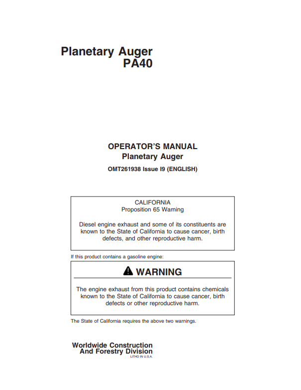 JOHN DEERE PA40 PLANETARY AUGER OPERATOR MANUAL OMT261938