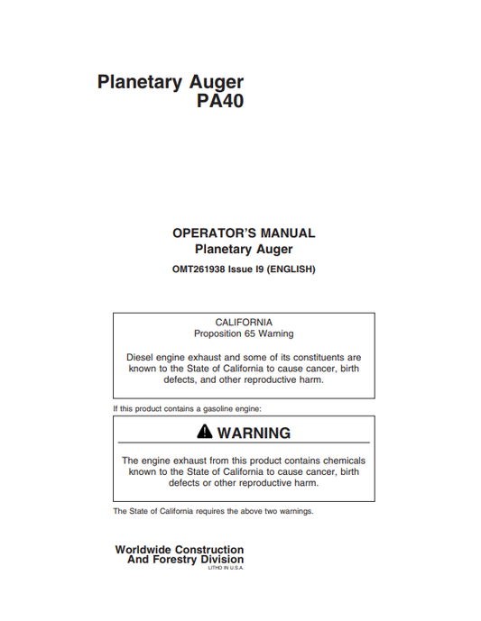JOHN DEERE PA40 PLANETARY AUGER OPERATOR MANUAL OMT261938