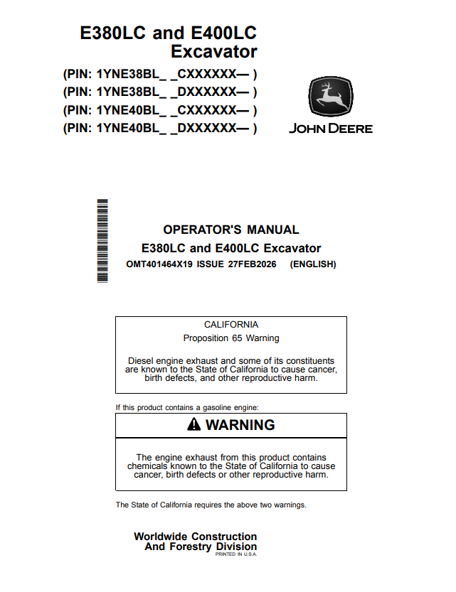 JOHN DEERE E380LC AND E400LC EXCAVATOR OPERATOR MANUAL OMT401464X19