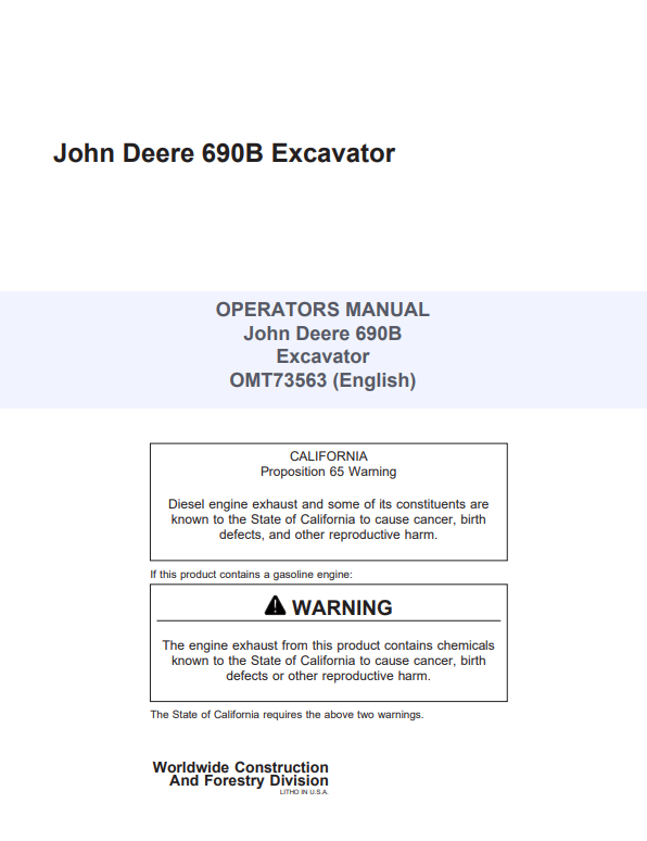 JOHN DEERE 690B EXCAVATOR OPERATOR MANUAL OMT73563