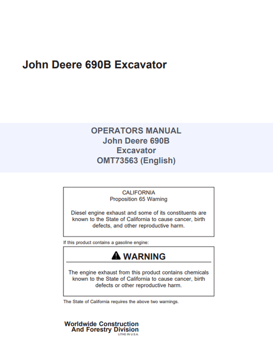 JOHN DEERE 690B EXCAVATOR OPERATOR MANUAL OMT73563