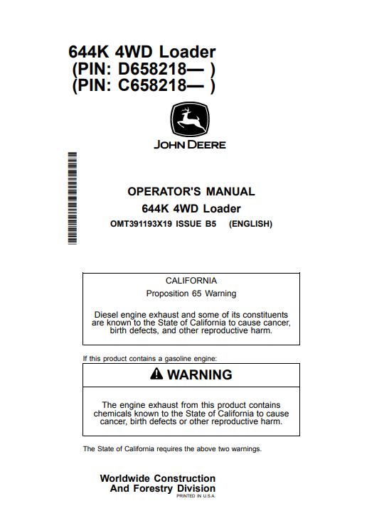JOHN DEERE 644K 4WD LOADER OPERATOR MANUAL OMT391193X19
