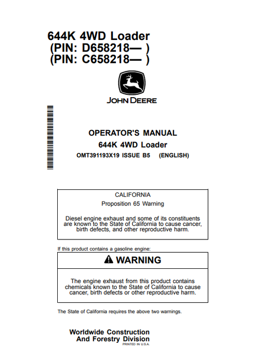 JOHN DEERE 644K 4WD LOADER OPERATOR MANUAL OMT391193X19