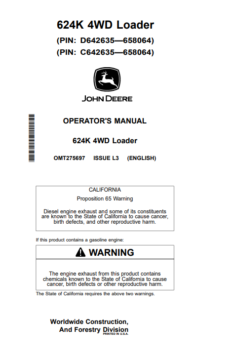 JOHN DEERE 624K 4WD LOADER OPERATOR MANUAL OMT275697