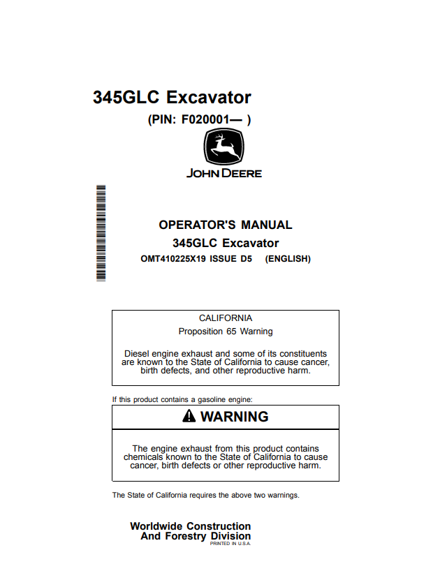 JOHN DEERE 345GLC EXCAVATOR OPERATOR MANUAL OMT410225X19