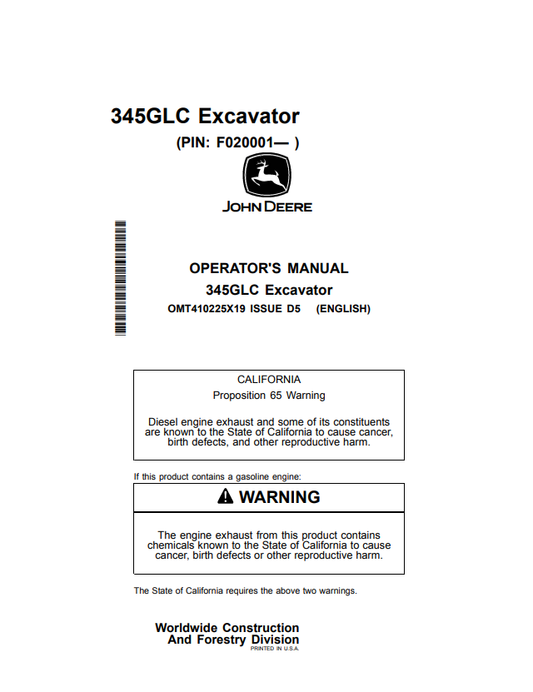 JOHN DEERE 345GLC EXCAVATOR OPERATOR MANUAL OMT410225X19