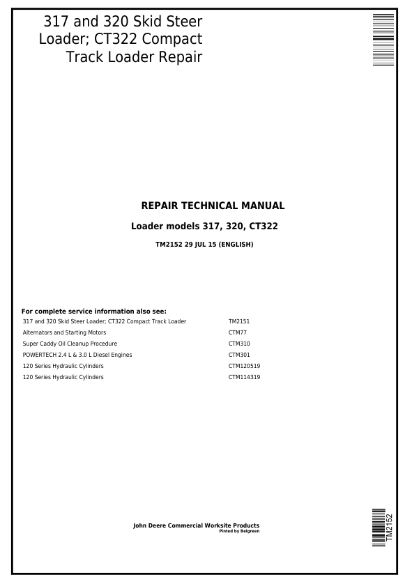 JOHN DEERE 317 AND 320 SKID STEER LOADER, CT322 COMPACT TRACK LOADER REPAIR TECHNICAL MANUAL TM2152