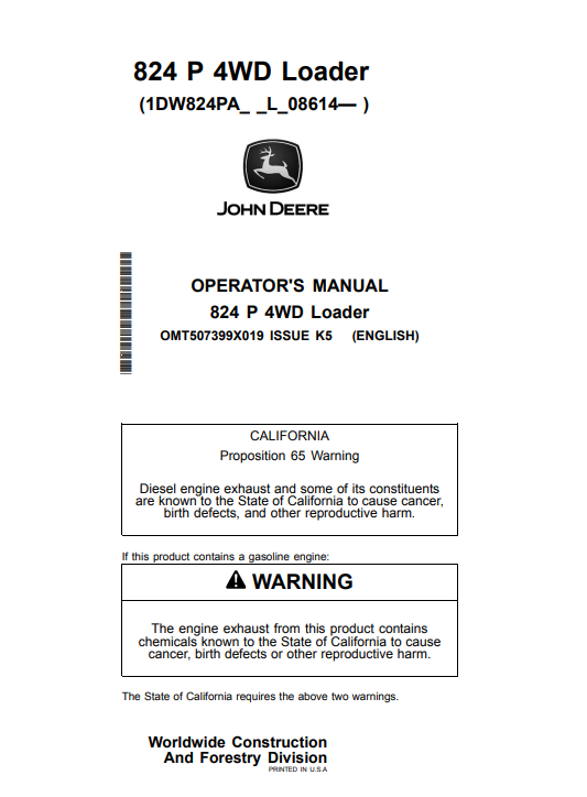 JOHN DEERE 824 P 4WD LOADER OPERATOR MANUAL OMT507399X019