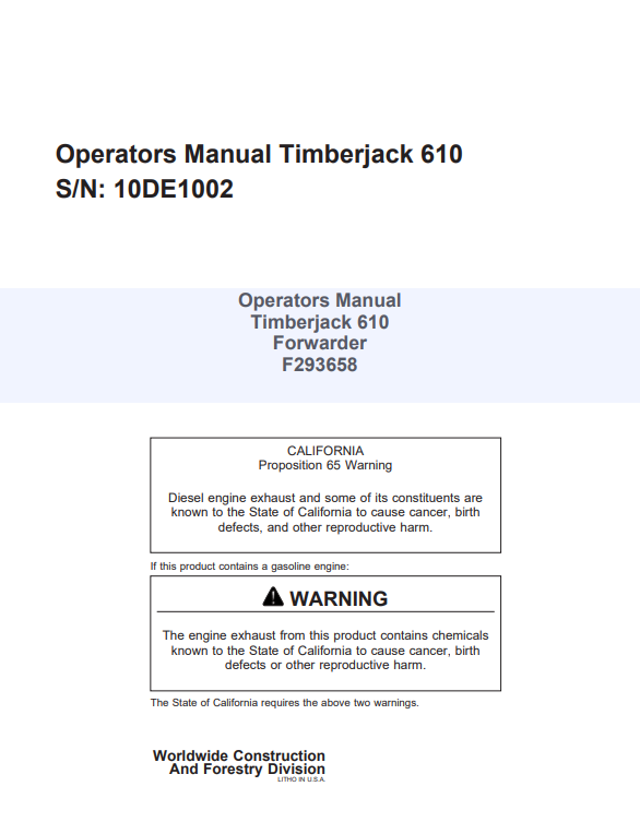 JOHN DEERE TIMBERJACK 610 FORWARDER OPERATOR MANUAL F293658