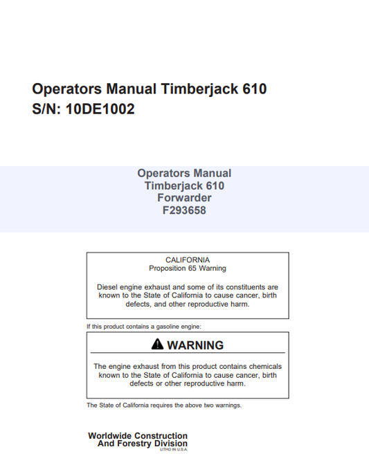 JOHN DEERE TIMBERJACK 610 FORWARDER OPERATOR MANUAL F293658