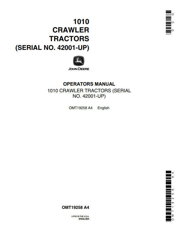 JOHN DEERE 1010 CRAWLER TRACTOR OPERATOR MANUAL OMT19258