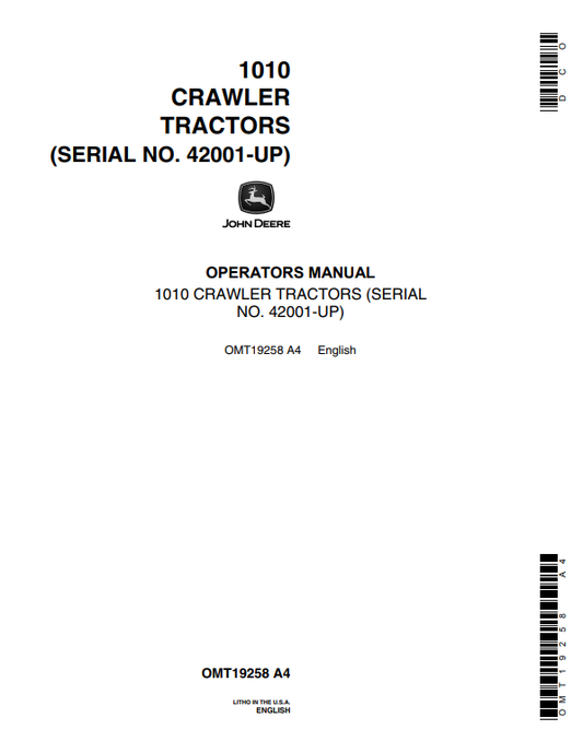 JOHN DEERE 1010 CRAWLER TRACTOR OPERATOR MANUAL OMT19258
