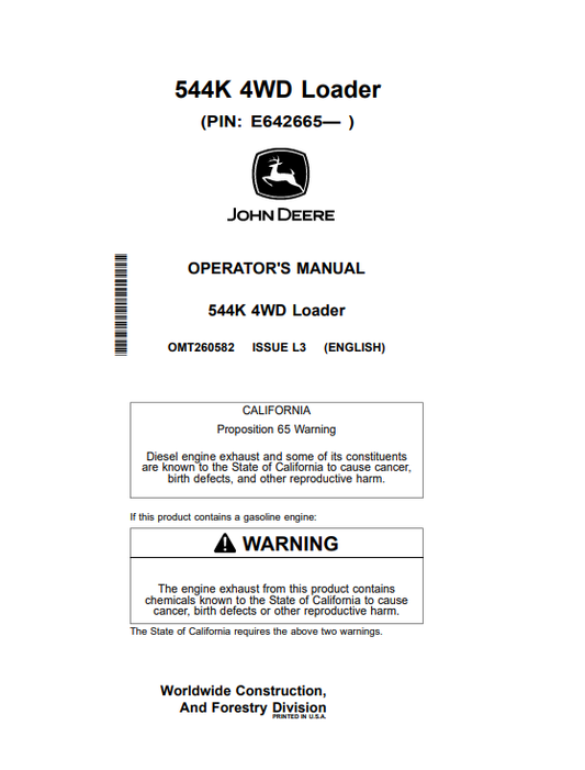 JOHN DEERE 544K 4WD LOADER OPERATOR MANUAL OMT260582