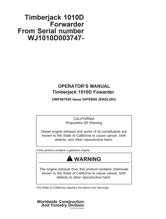 JOHN DEERE TIMBERJACK 1010D FOWARDER OPERATOR MANUAL OMF067058