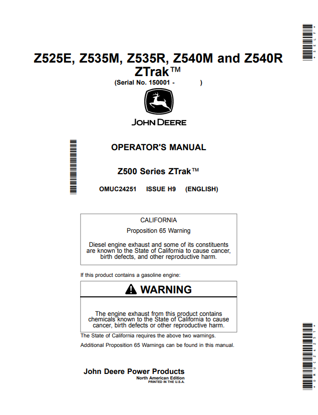 JOHN DEERE Z525E, Z535M, Z535R, Z540M AND Z540R, Z500 SERIES ZTRAK™ OPERATOR MANUAL OMUC24251