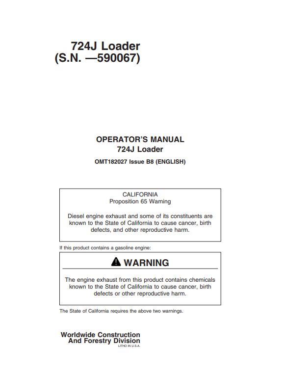 JOHN DEERE 724J LOADER OPERATOR MANUAL OMT182027