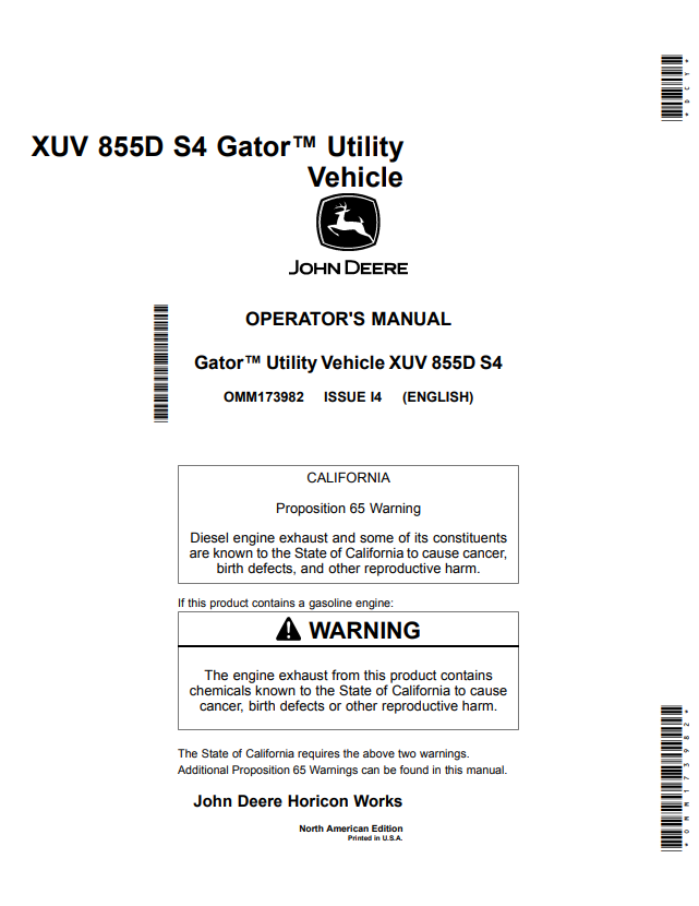 JOHN DEERE XUV 855D S4 GATOR™ UTILITY VEHICLE OPERATOR MANUAL OMM173982