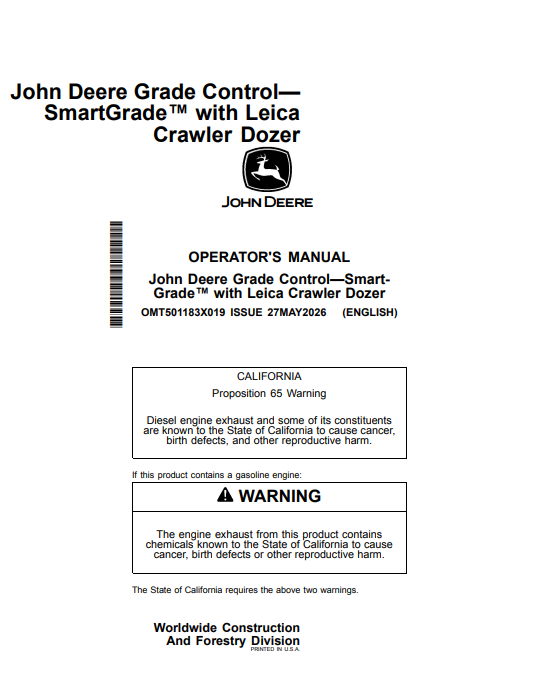 JOHN DEERE 450 P, 550 P, 650 P, 700 P, 750 P, 850 P, 850 X CRAWLER DOZER OPERATOR MANUAL OMT501183X019