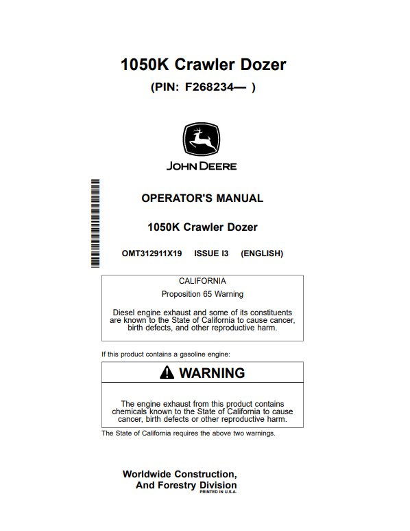 JOHN DEERE 1050K CRAWLER DOZER OPERATOR MANUAL OMT312911X19