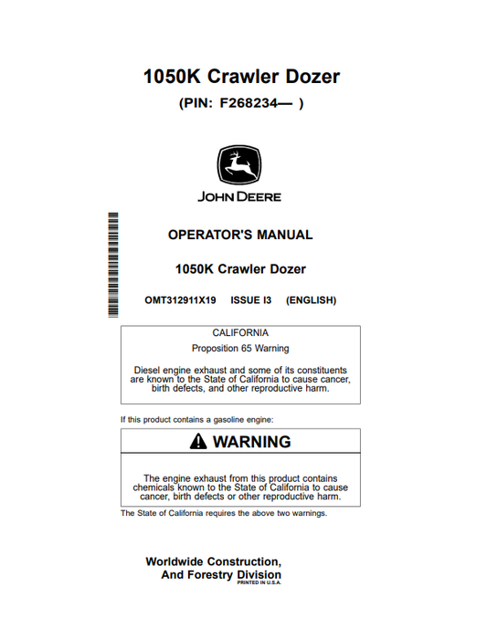 JOHN DEERE 1050K CRAWLER DOZER OPERATOR MANUAL OMT312911X19