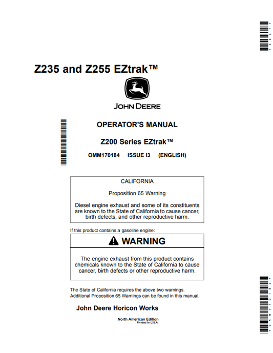 JOHN DEERE Z235 AND Z255, Z200 SERIES EZTRAK™ OPERATOR MANUAL OMM170184