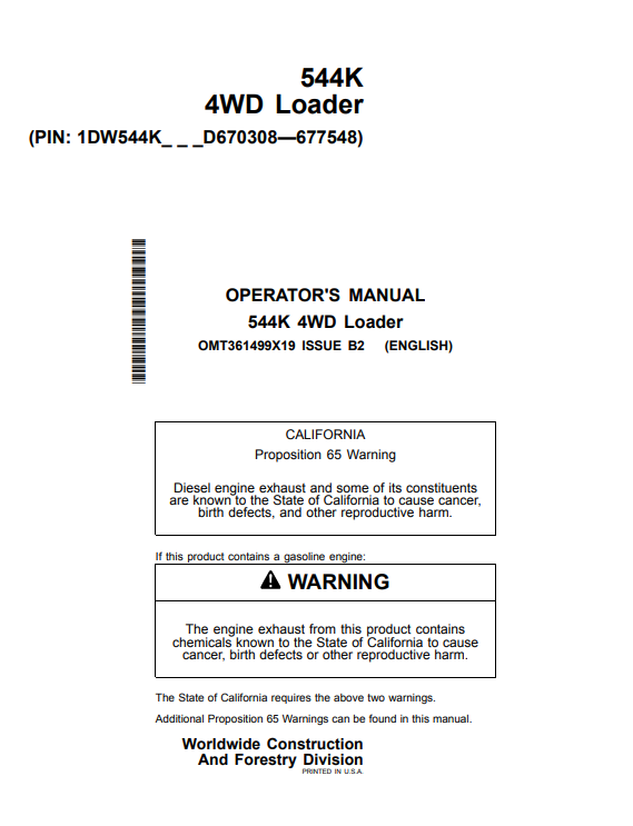 JOHN DEERE 544K 4WD LOADER OPERATOR MANUAL OMT361499X19