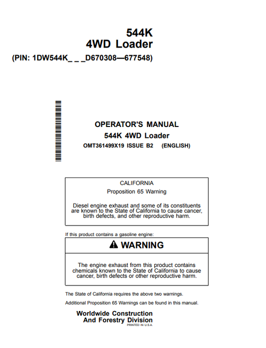 JOHN DEERE 544K 4WD LOADER OPERATOR MANUAL OMT361499X19