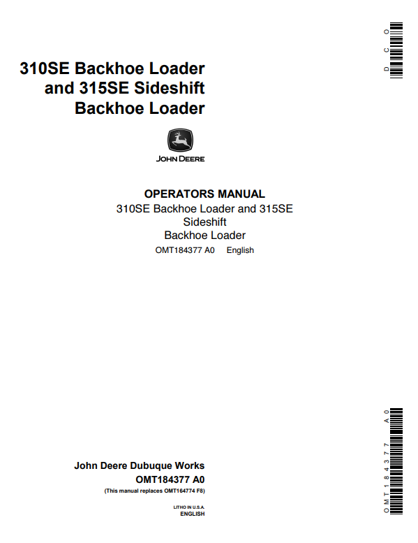 JOHN DEERE 310SE AND 315 SIDESHIFT BACKHOE LOADER OPERATOR MANUAL OMT153356
