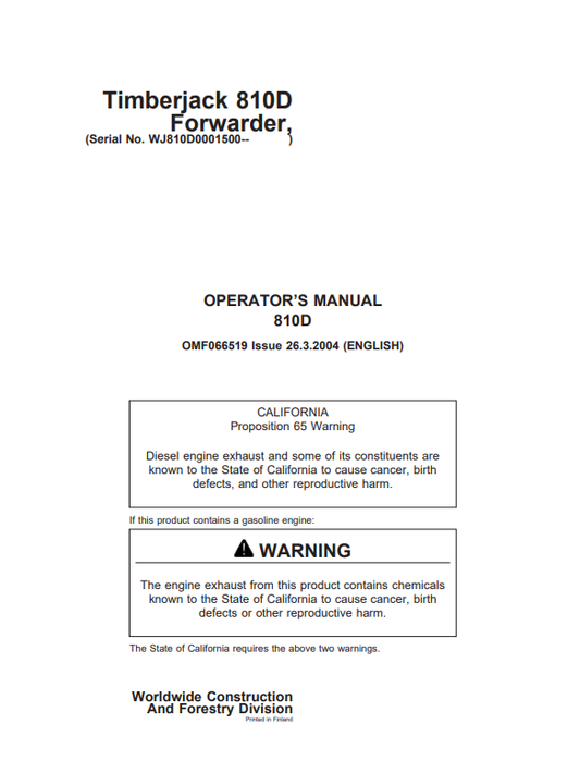 JOHN DEERE TIMBERJACK 810D FORWARDER OPERATOR MANUAL OMF066519