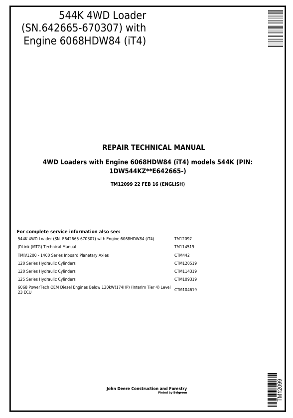 JOHN DEERE 544K 4WD LOADER WITH ENGINE 6068HDW84 IT4 REPAIR TECHNICAL MANUAL TM12099