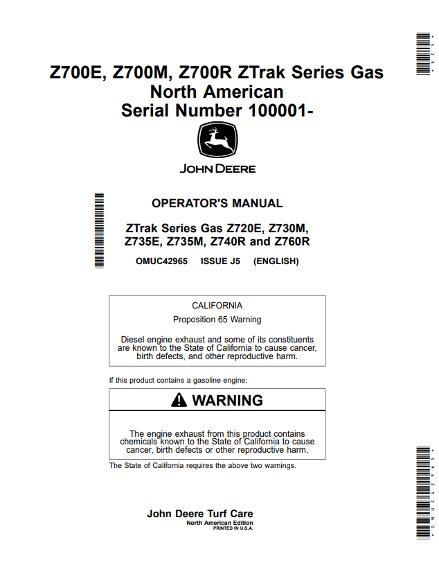 JOHN DEERE Z700E, Z700M, Z700R ZTRAK SERIES GAS OPERATOR MANUAL OMUC42965
