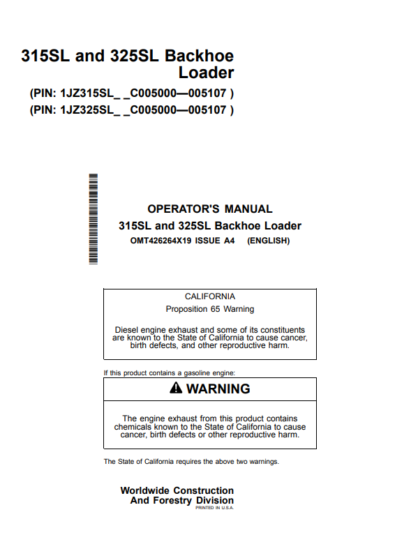 JOHN DEERE 315SL AND 325SL BACKHOE LOADER OPERATOR MANUAL OMT426264X19