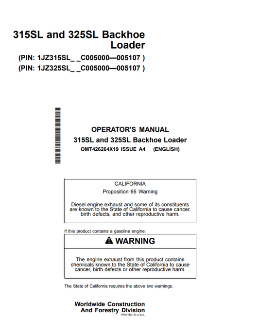 JOHN DEERE 315SL AND 325SL BACKHOE LOADER OPERATOR MANUAL OMT426264X19