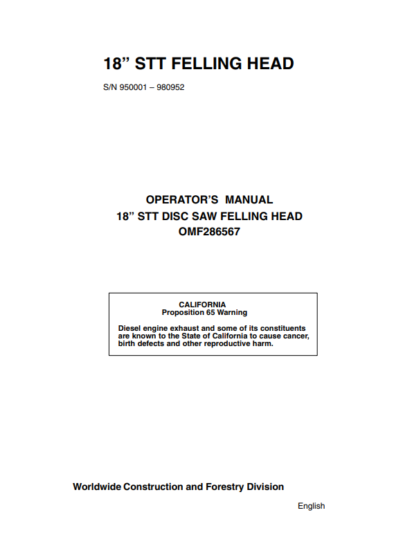 JOHN DEERE 18 STT DISC SAW FELLING HEAD OPERATOR MANUAL OMF286567
